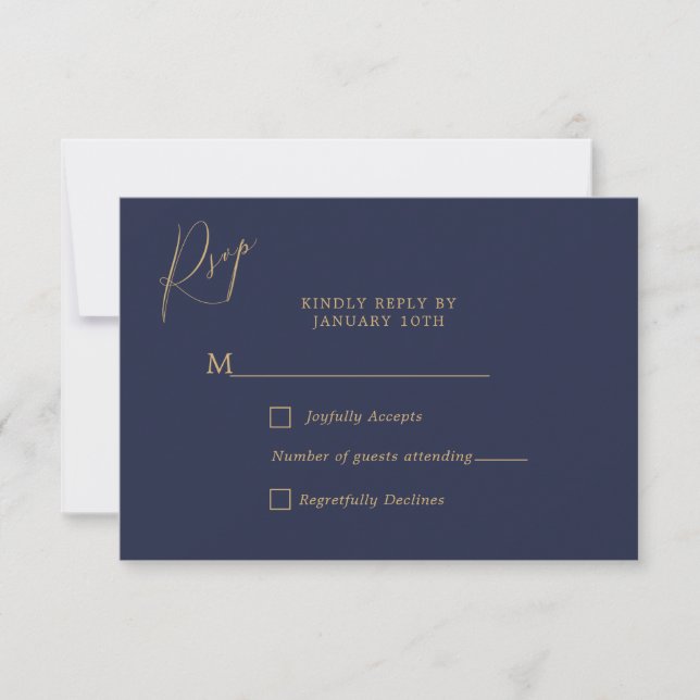 Romantische Goldkalligrafie Navy Blue Wedding RSVP Karte (Vorderseite)