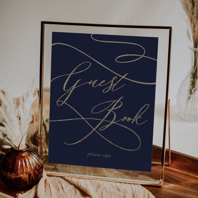 Romantische Goldkalligrafie | Navy Guest Book Sign Poster (Von Creator hochgeladen)