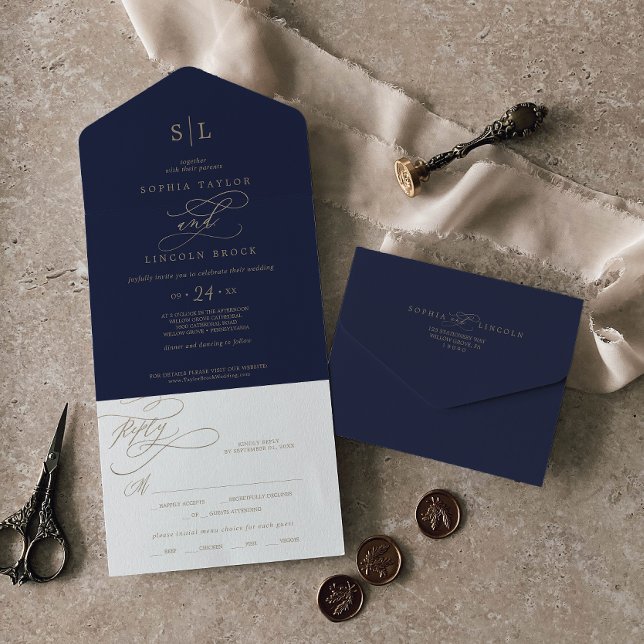 Romantische Goldkalligrafie | Navy Monogram Weddin All In One Einladung (Von Creator hochgeladen)
