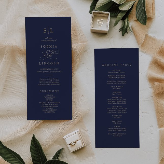 Romantische Goldkalligrafie | Navy Monogram Weddin Programm (Von Creator hochgeladen)