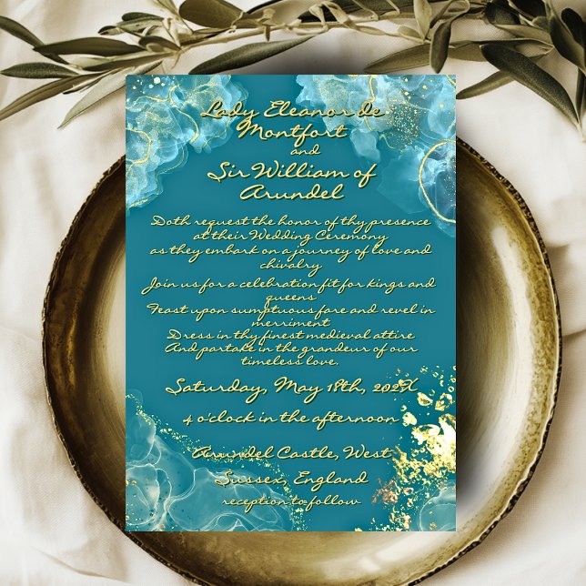 Romantische Goldmedaille Aquamarin Marble Fantasy  Einladung (Romantic Gold Teal Marble Fantasy Wedding Invitation)