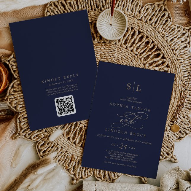 Romantische Goldmedaille Monogram QR Code Back Wed Einladung (Von Creator hochgeladen)