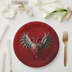 Romantische gotische Ikone: Herz, Rose, Schädel. Pappteller