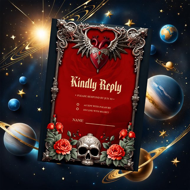 Romantische gotische Ikone: Herz, Rose, Schädel. RSVP Karte (Von Creator hochgeladen)