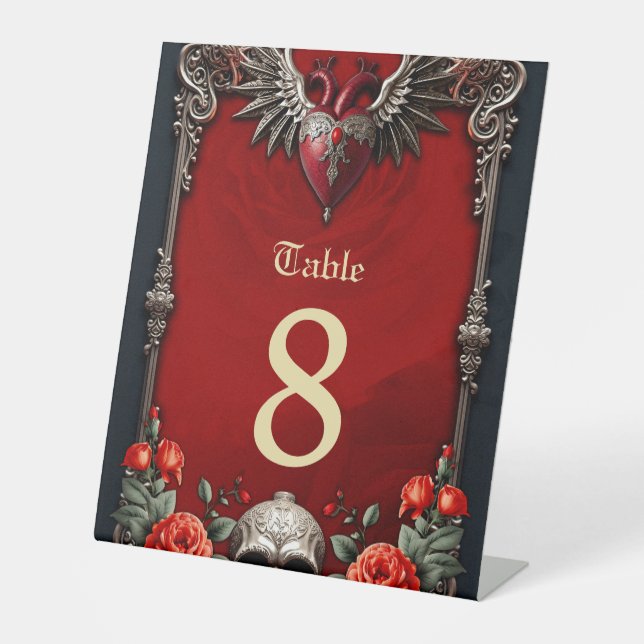 Romantische gotische Ikone: Herz, Rose, Schädel. Sockelschild (Vorderseite)