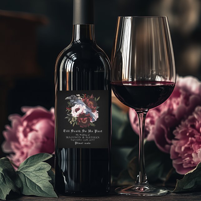 Romantische gotische Wasserfarbenraven-Hochzeit Weinetikett (Von Creator hochgeladen)