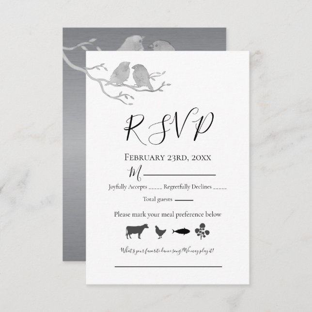 Romantische Graufarben Lovebirds Baumzweig RSVP Karte (Vorne/Hinten)
