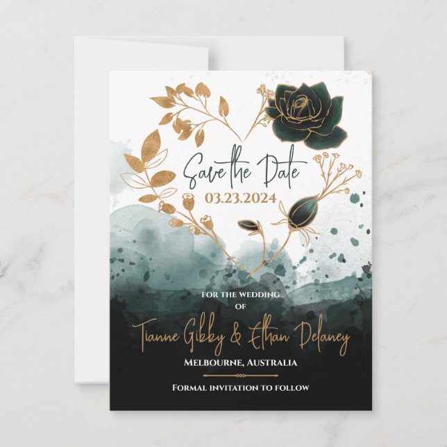 Romantische Green, Gold Rose Herz Save the Date Ka RSVP Karte (Vorderseite)
