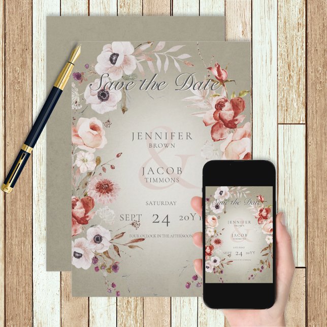 Romantische Green Pink Floral Save the Date Card (Von Creator hochgeladen)