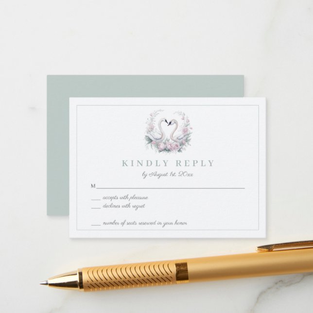 Romantische Green Swan Couple Wedding RSVP Card Begleitkarte (Vorderseite/Rückseite Beispiel)