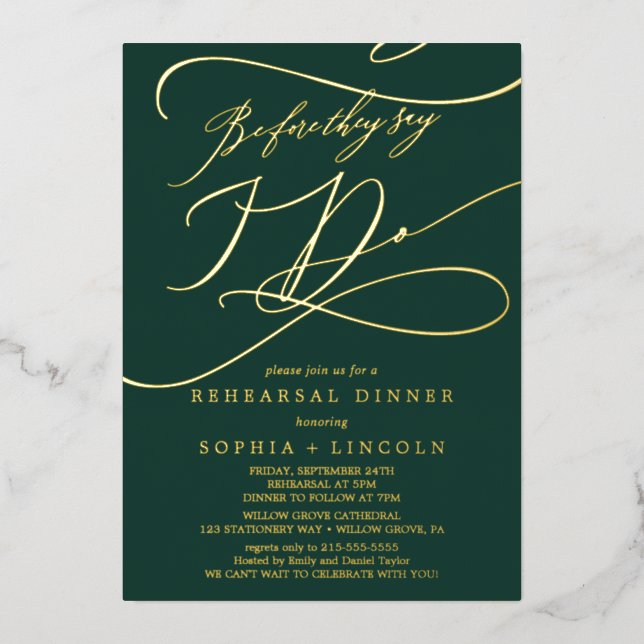 Romantische Grün- und Goldfolie vor meiner Probe Folieneinladung (Vorderseite)