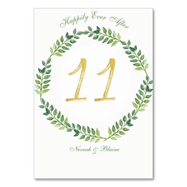 Romantische grüne Blätter - Hochzeitskarte 11 Ring Tischnummer (Vorderseite)