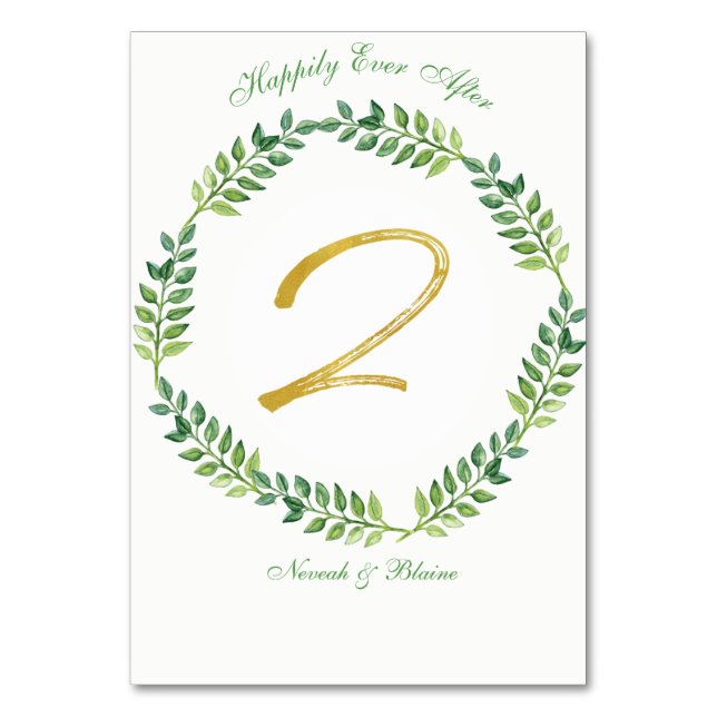 Romantische grüne Blätter - Hochzeitskarte 2 Ring Tischnummer (Vorderseite)