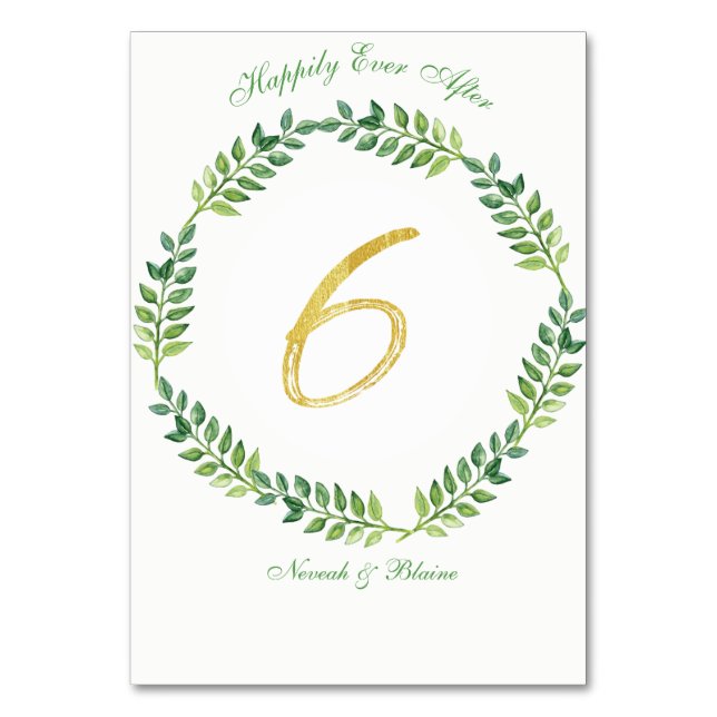 Romantische grüne Blätter - Hochzeitskarte 6 Ring Tischnummer (Vorderseite)