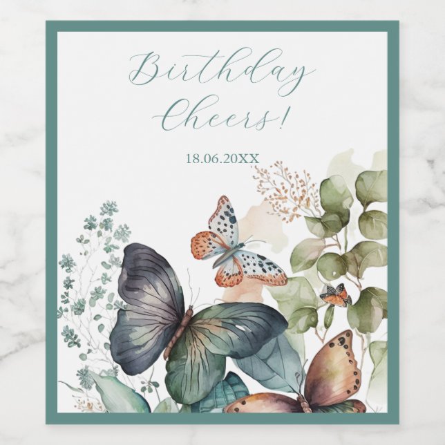 Romantische grüne Blume und Schmetterling Weinetikett (Einzelnes Label)