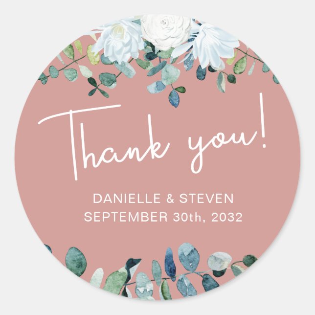 Romantische Grüne Eukalyptus-Namen & Hochzeitstag Runder Aufkleber (Vorderseite)