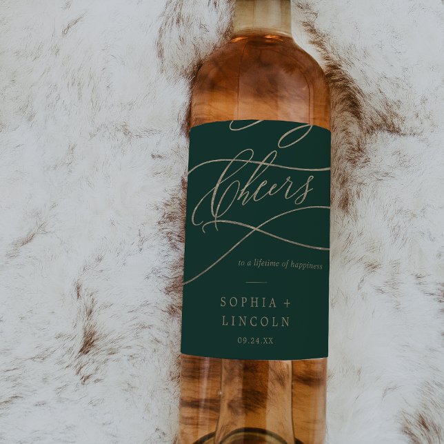 Romantische grüne Kalligrafie-Cheers Hochzeit Weinetikett (Von Creator hochgeladen)