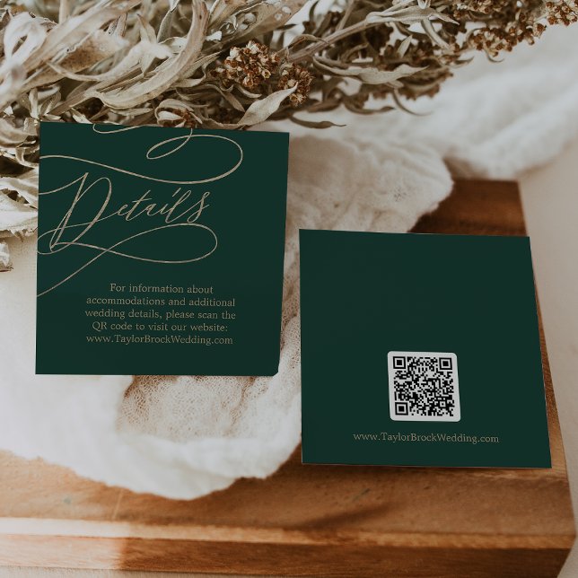 Romantische grüne Kalligrafie QR Code Hochzeitdeta Begleitkarte (Von Creator hochgeladen)