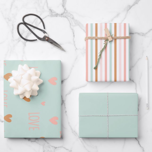 Romantische grüne Liebe Wörter Set von 3 Geschenkpapier Set (Vorderseite)