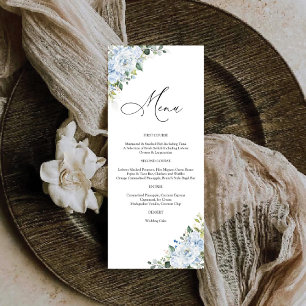Romantische hellblaue Blumenhochzeitsmenü Menükarte