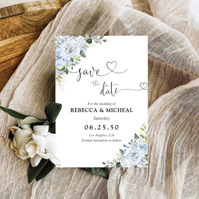 Romantische hellblaue florale Hochzeitsankündigung Save The Date (Von Creator hochgeladen)