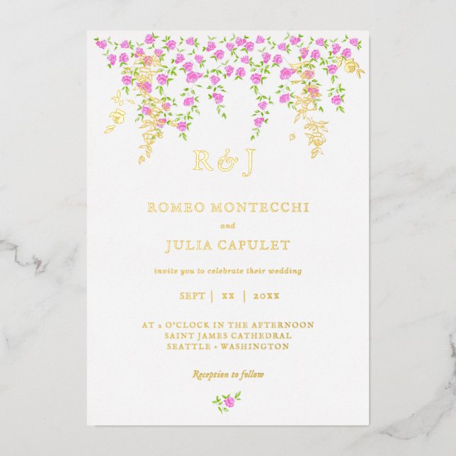 Romantische, hellrosa, florale Front und Back Wedd Folieneinladung (Vorderseite)