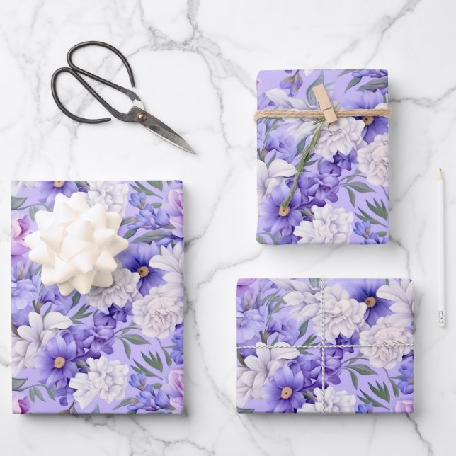 Romantische, hellviolette Blumen Geschenkpapier Set (Vorderseite)