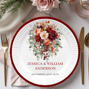 Romantische Herbst-Marsala-Blumen-Hochzeitspapiert Pappteller