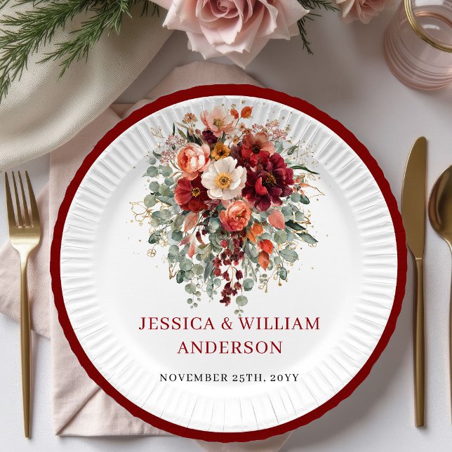 Romantische Herbst-Marsala-Blumen-Hochzeitspapiert Pappteller (Romantic Fall Marsala Floral Wedding Paper Plates

)