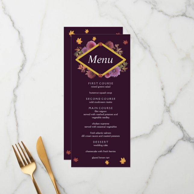 Romantische Herbstdahlia Hochzeit Menükarte (Vorderseite/Rückseite Beispiel)