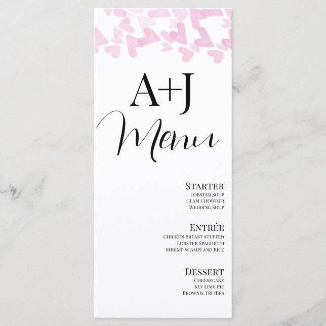 Romantische Herzen Floating Script Rosa Menü Menükarte (Vorderseite)