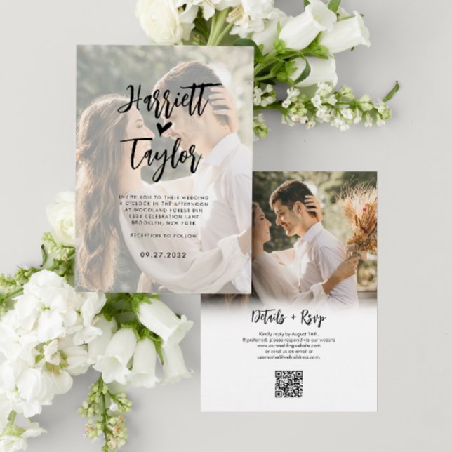Romantische Herzschrift 2 Foto QR Code Hochzeit Einladung (Von Creator hochgeladen)