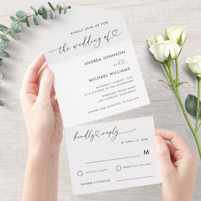 Romantische Herzschrift Minimalistisch White Weddi All In One Einladung (Von Creator hochgeladen)