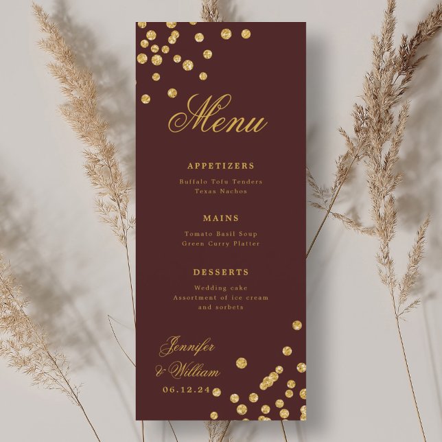 Romantische Hochzeit Confetti Gold Burgund Menükarte (Elegant Romantic Wedding Confetti Gold Burgundy Menu)