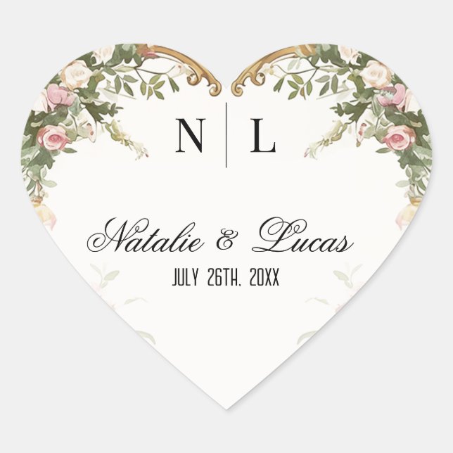 Romantische Hochzeit der Wasserfarben mit Blumen u Herz-Aufkleber (Vorderseite)