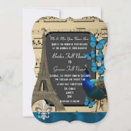 Romantische Hochzeit in Paris, Pfau und Schmetterl Einladung