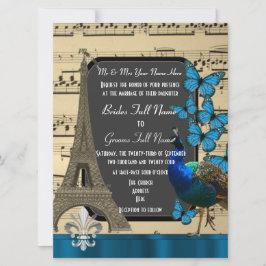 Romantische Hochzeit in Paris, Pfau und Schmetterl Einladung