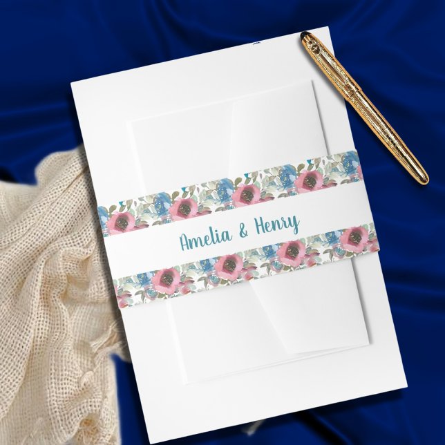 Romantische Hochzeit mit blauen und rosa Wasserfar Einladungsbanderole (Von Creator hochgeladen)