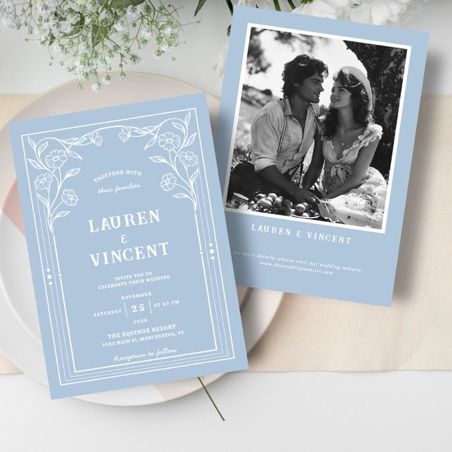 Romantische Hochzeit mit blauen und weißen Fotos Einladung (Von Creator hochgeladen)