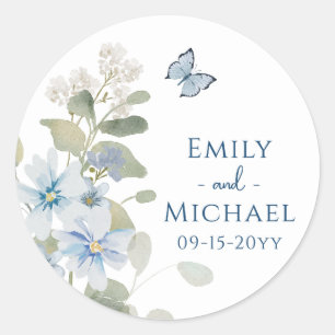 Romantische Hochzeit mit blauer Wasserfarbe Runder Aufkleber
