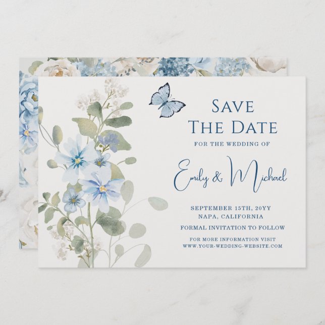 Romantische Hochzeit mit blauer Wasserfarbe Save The Date (Vorne/Hinten)