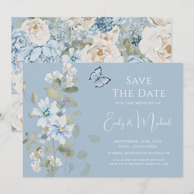 Romantische Hochzeit mit blauer Wasserfarbe Save The Date (Vorne/Hinten)