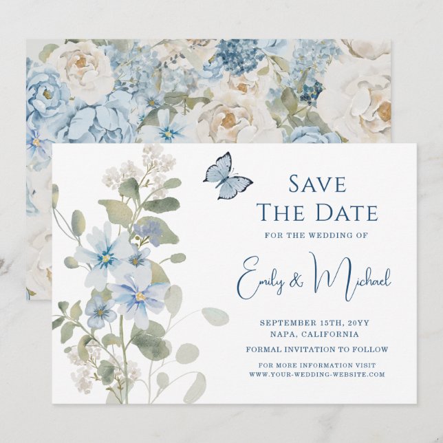 Romantische Hochzeit mit blauer Wasserfarbe Save The Date (Vorne/Hinten)