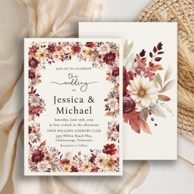 Romantische Hochzeit mit Burgund Cream Watercolor Einladung (Romantic burgundy and cream floral wedding invitation)