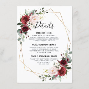 Romantische Hochzeit mit Burgund Roter Flora Begleitkarte