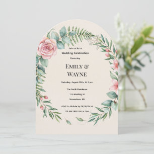 Romantische Hochzeit mit Grünbogen und rosa Blumen Einladung