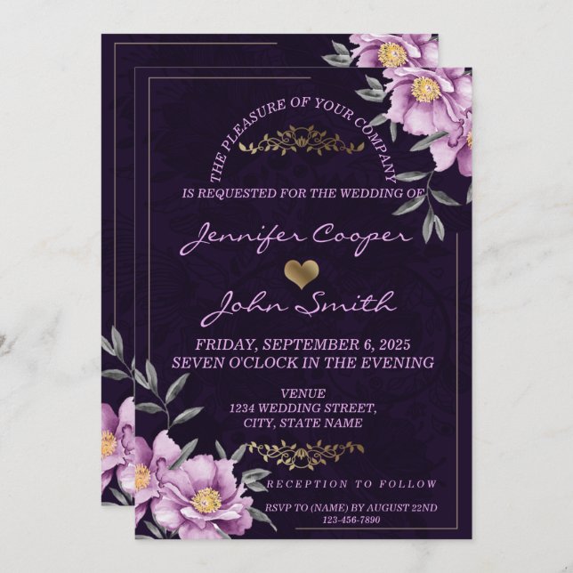 Romantische Hochzeit mit Lila Wasserfarbe Einladung (Vorne/Hinten)