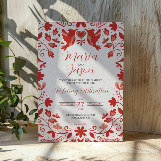 Romantische Hochzeit mit mexikanischer Roter Flora Einladung (Mexican Red Floral Romantic Aesthetic Wedding Invitation)