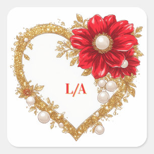 ✨ Romantische Hochzeit mit rotem Blumenherzrahmen✨ Quadratischer Aufkleber