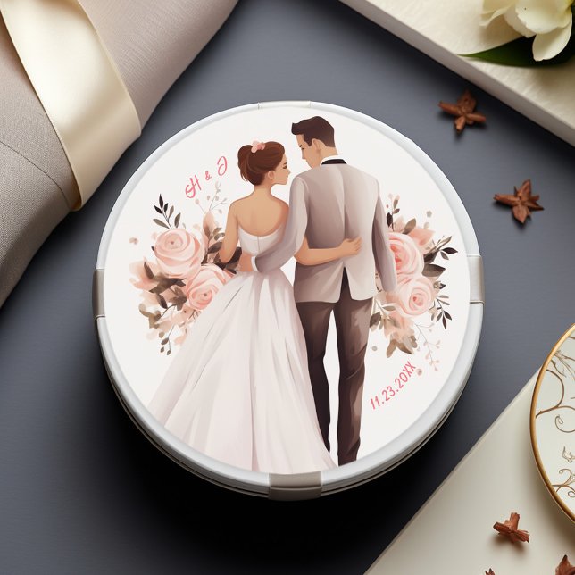 Romantische Hochzeit mit Wasserfarbe Runder Aufkleber (Watercolor Romantic Couple Wedding Classic Round Sticker)